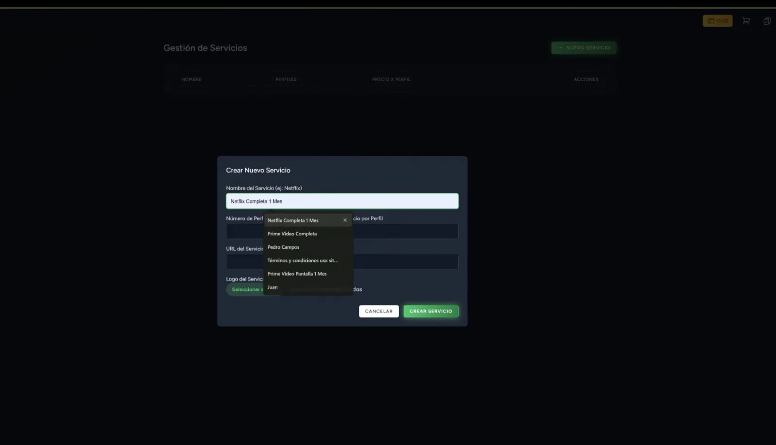 Creando los servicios o productos en sistema TienPYC.com