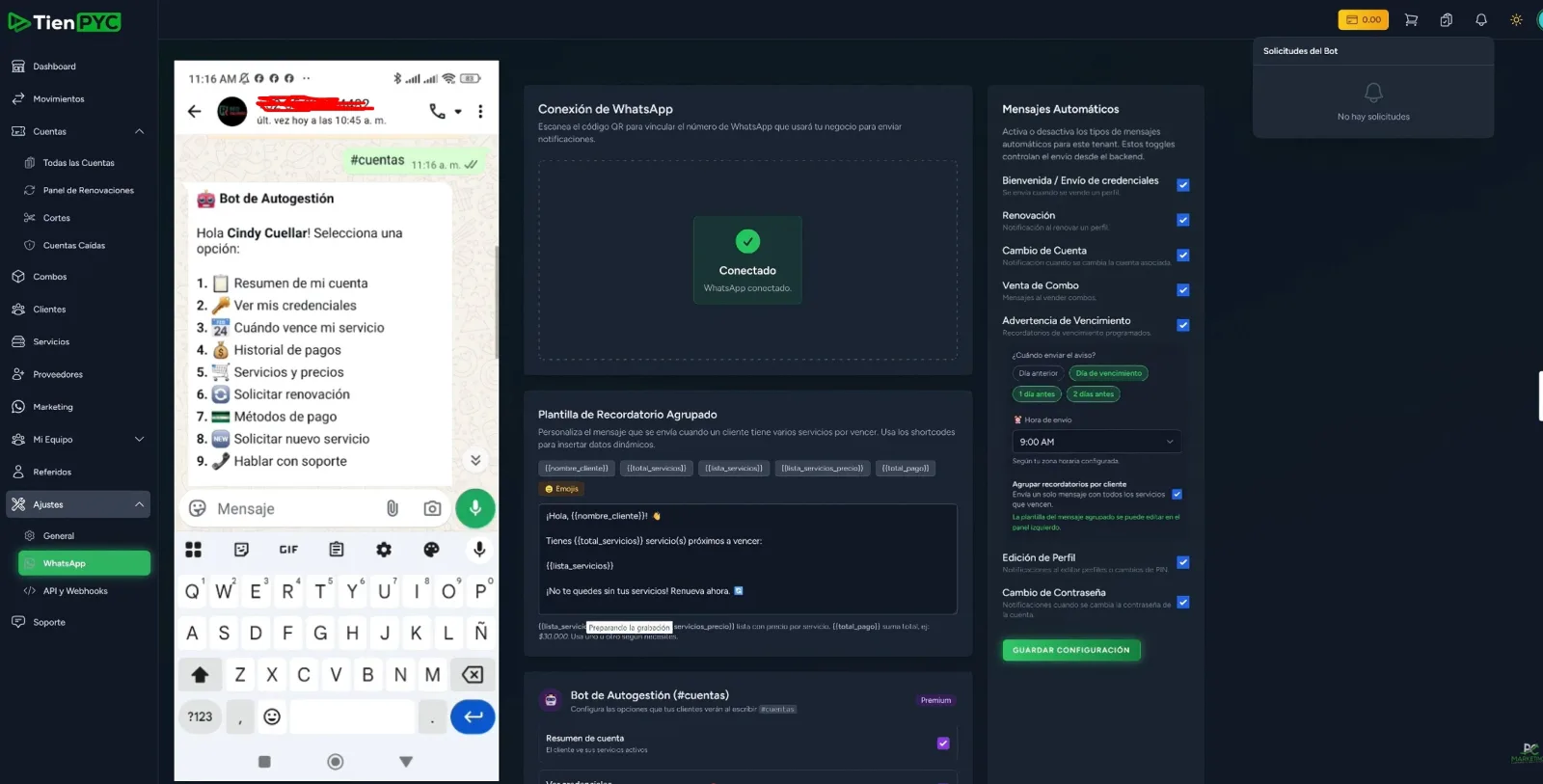 Bot de Autogestión de Servicios en TienPYC.com ( Premium )
