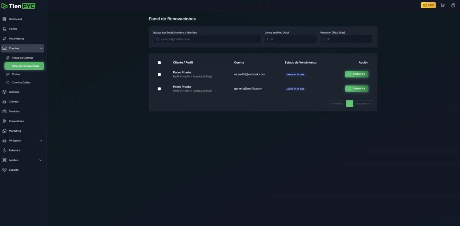 Renovación de sus cuentas en TienPYC.com