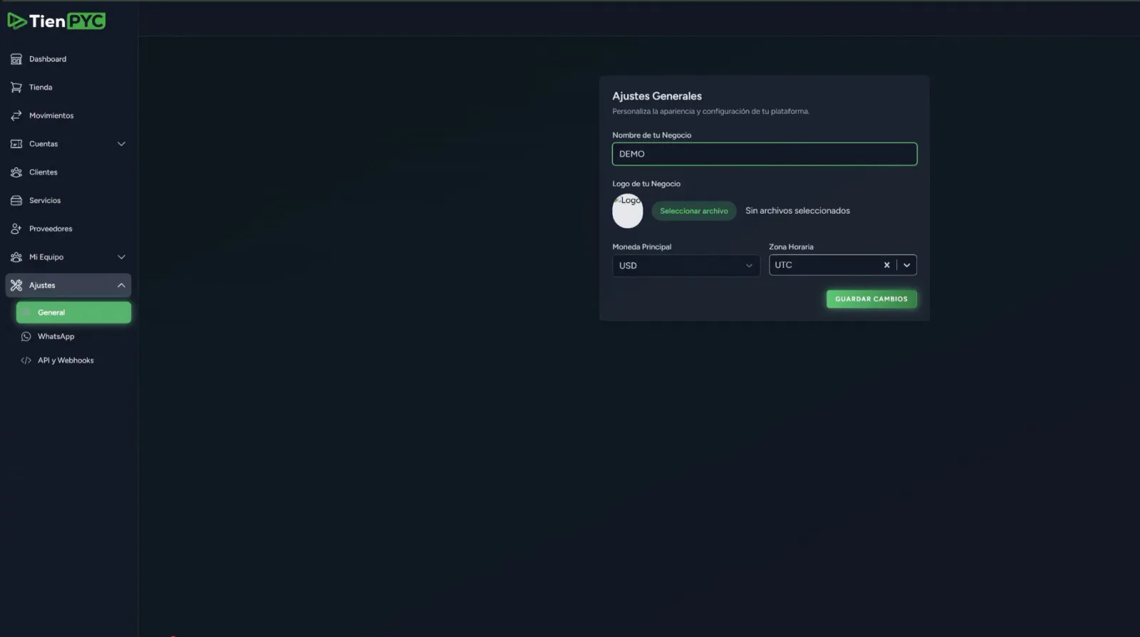 Configuración inicial por el cliente del sistema TienPYC.com